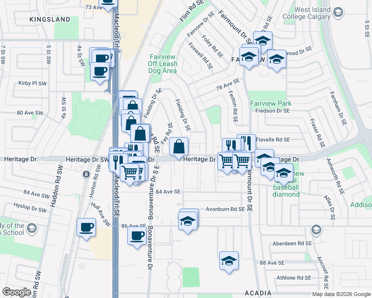 map of restaurants, bars, coffee shops, grocery stores, and more near 30 Frobisher Boulevard Southeast in Calgary