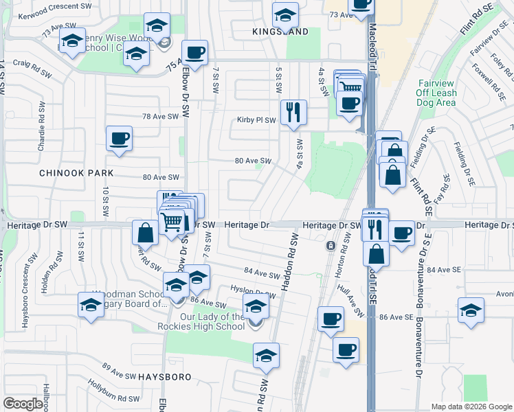 map of restaurants, bars, coffee shops, grocery stores, and more near 8235 4A Street Southwest in Calgary