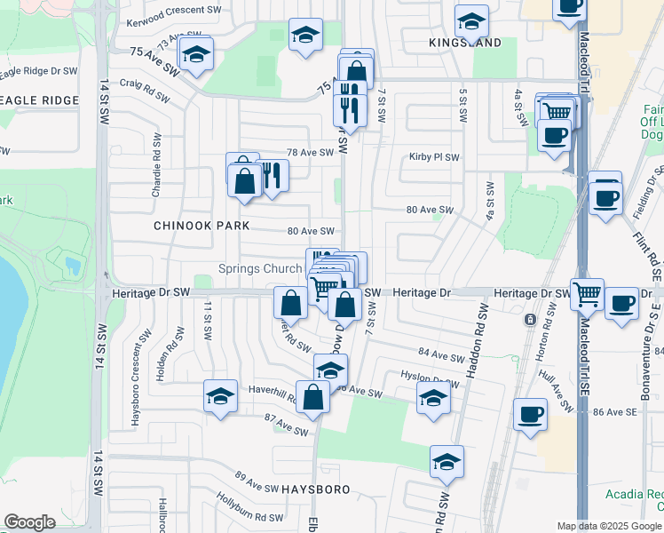 map of restaurants, bars, coffee shops, grocery stores, and more near 8239 Elbow Drive Southwest in Calgary
