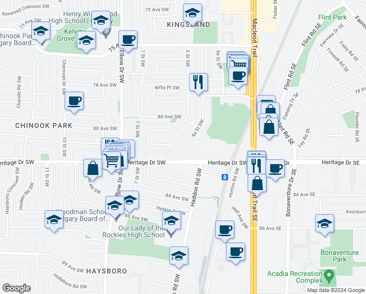 map of restaurants, bars, coffee shops, grocery stores, and more near 8235 4A Street Southwest in Calgary