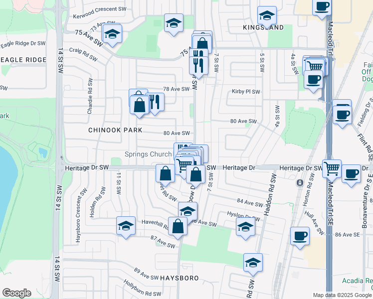 map of restaurants, bars, coffee shops, grocery stores, and more near 8235 Elbow Drive Southwest in Calgary