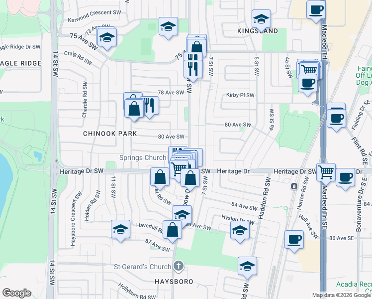map of restaurants, bars, coffee shops, grocery stores, and more near 8235 Elbow Drive Southwest in Calgary