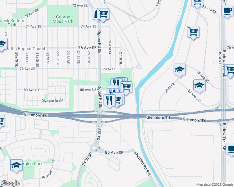 map of restaurants, bars, coffee shops, grocery stores, and more near 1000 Glenmore Court Southeast in Calgary