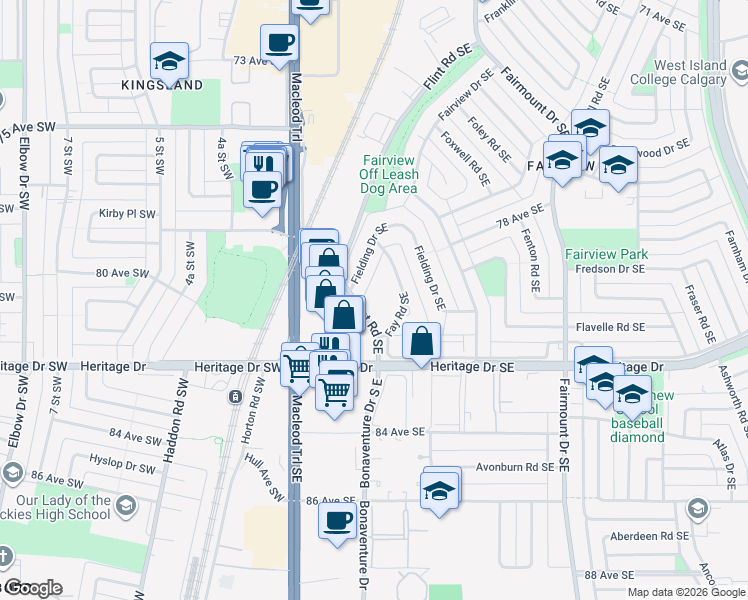 map of restaurants, bars, coffee shops, grocery stores, and more near 8208 Flint Road Southeast in Calgary