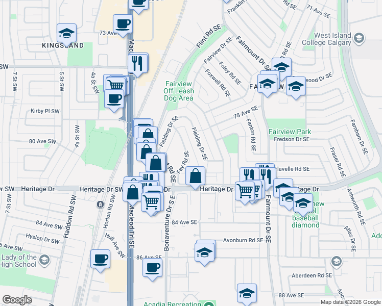 map of restaurants, bars, coffee shops, grocery stores, and more near in Calgary