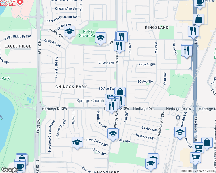 map of restaurants, bars, coffee shops, grocery stores, and more near 8039 Elbow Drive Southwest in Calgary