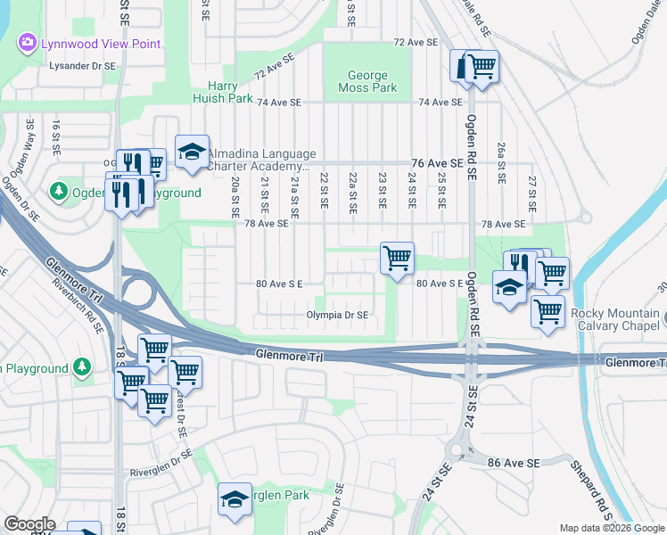 map of restaurants, bars, coffee shops, grocery stores, and more near 7835 22 Street Southeast in Calgary
