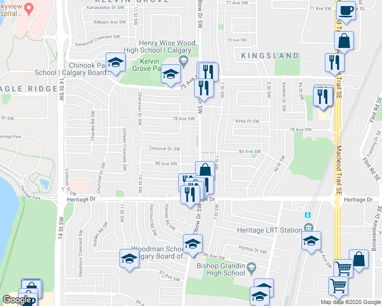 map of restaurants, bars, coffee shops, grocery stores, and more near 8039 Elbow Drive Southwest in Calgary