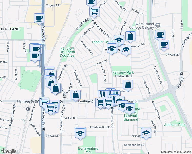 map of restaurants, bars, coffee shops, grocery stores, and more near 45 Flavelle Road Southeast in Calgary