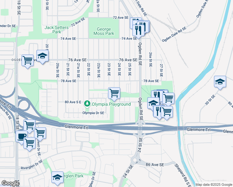 map of restaurants, bars, coffee shops, grocery stores, and more near 7831 24 Street Southeast in Calgary