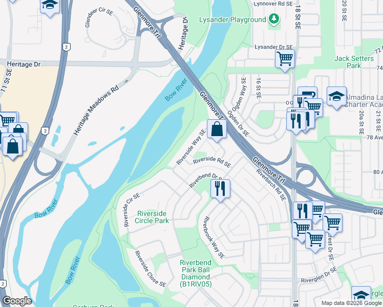 map of restaurants, bars, coffee shops, grocery stores, and more near 39 Riverside Road Southeast in Calgary