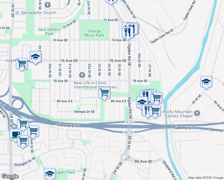 map of restaurants, bars, coffee shops, grocery stores, and more near 7831 24 Street Southeast in Calgary
