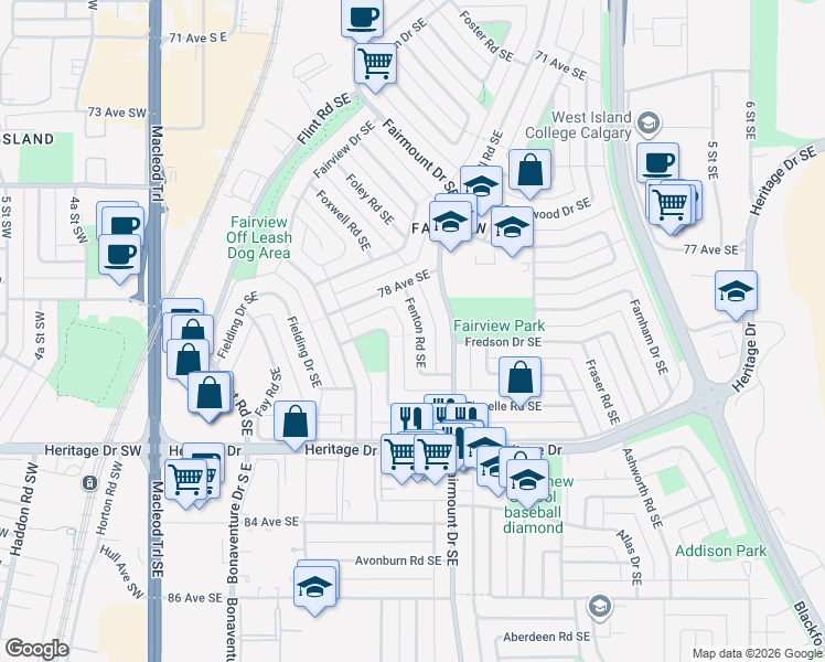 map of restaurants, bars, coffee shops, grocery stores, and more near in Calgary