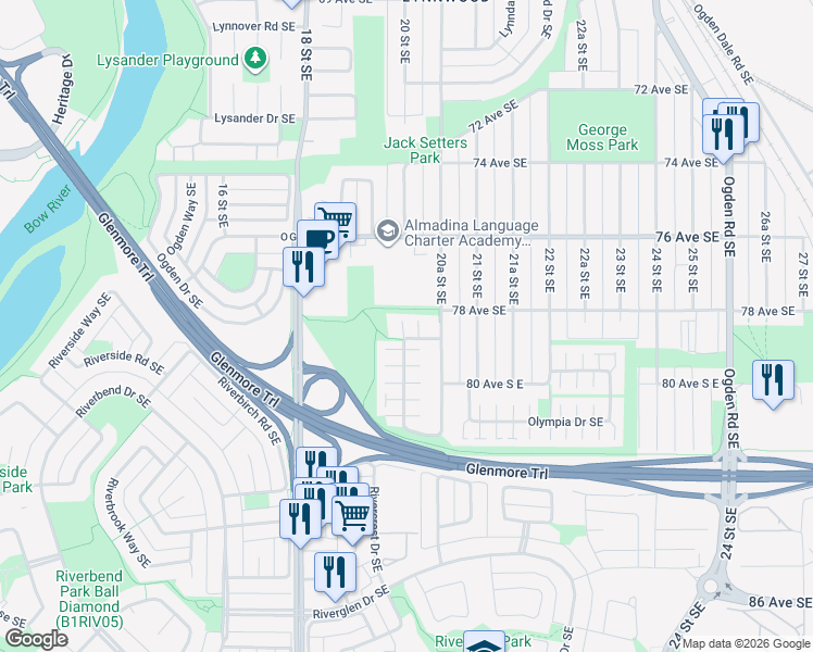 map of restaurants, bars, coffee shops, grocery stores, and more near 86 Olympia Crescent Southeast in Calgary