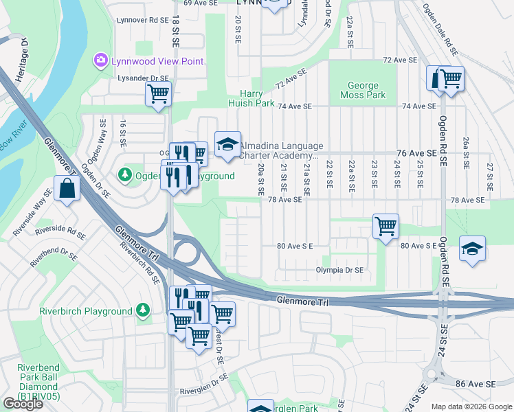 map of restaurants, bars, coffee shops, grocery stores, and more near 7644 20A Street Southeast in Calgary