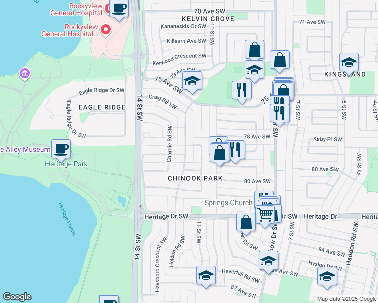 map of restaurants, bars, coffee shops, grocery stores, and more near 8008 Churchill Drive Southwest in Calgary