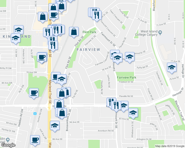 map of restaurants, bars, coffee shops, grocery stores, and more near 136 78 Avenue Southeast in Calgary
