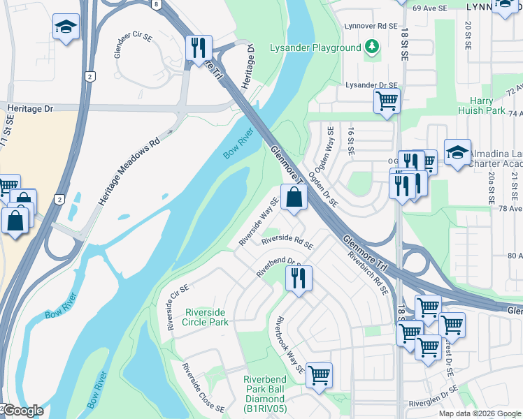map of restaurants, bars, coffee shops, grocery stores, and more near in Calgary