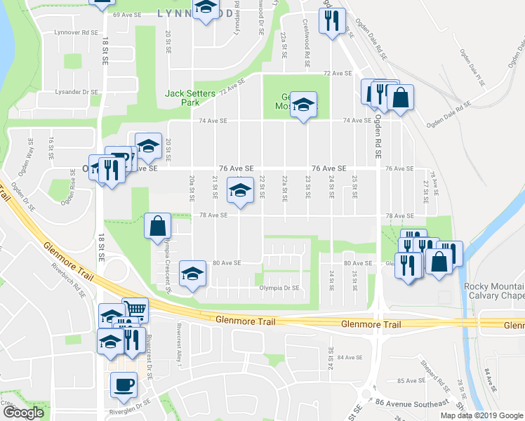 map of restaurants, bars, coffee shops, grocery stores, and more near 7645 22 Street Southeast in Calgary
