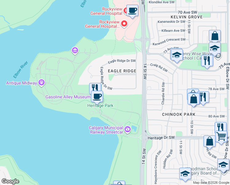 map of restaurants, bars, coffee shops, grocery stores, and more near 126 Eagle Ridge Drive Southwest in Calgary