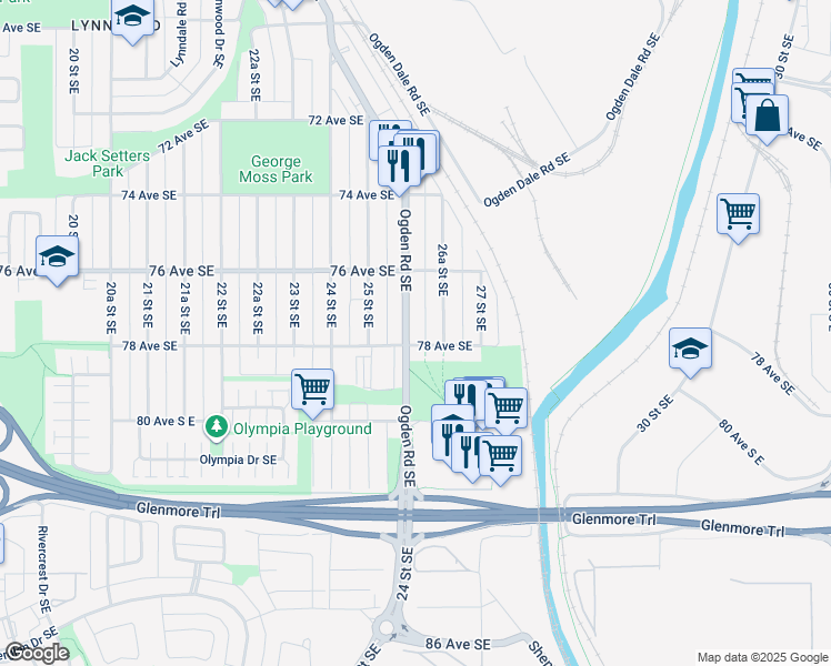 map of restaurants, bars, coffee shops, grocery stores, and more near 7642 Ogden Road Southeast in Calgary