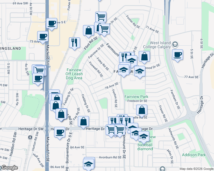 map of restaurants, bars, coffee shops, grocery stores, and more near 136 78 Avenue Southeast in Calgary