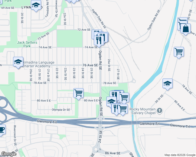 map of restaurants, bars, coffee shops, grocery stores, and more near 7642 Ogden Road Southeast in Calgary