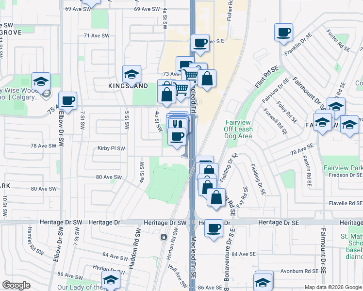 map of restaurants, bars, coffee shops, grocery stores, and more near 7777 Macleod Trail Southwest in Calgary