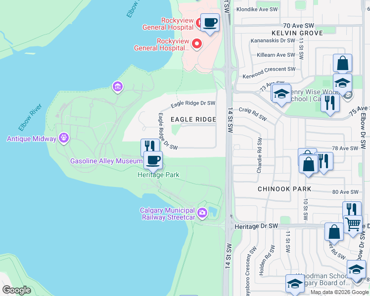map of restaurants, bars, coffee shops, grocery stores, and more near 126 Eagle Ridge Dr SW in Calgary