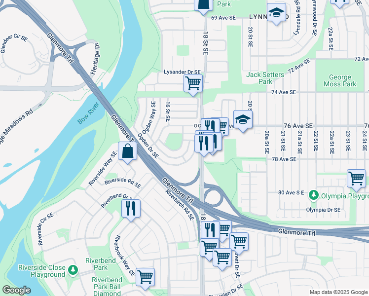 map of restaurants, bars, coffee shops, grocery stores, and more near 155 Ogden Rise Southeast in Calgary