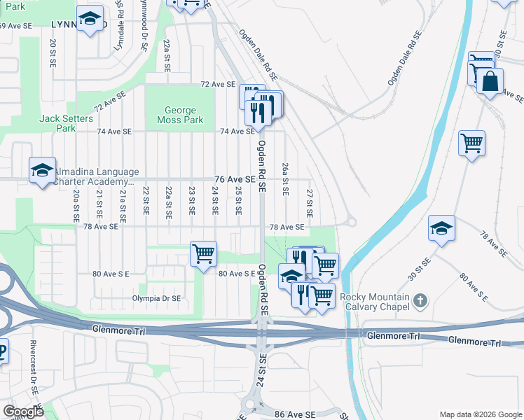 map of restaurants, bars, coffee shops, grocery stores, and more near 7631 Ogden Road Southeast in Calgary