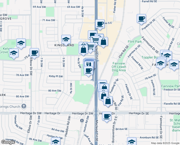 map of restaurants, bars, coffee shops, grocery stores, and more near 7711 Macleod Trail Southeast in Calgary