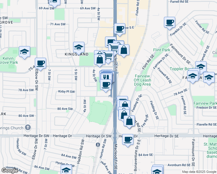 map of restaurants, bars, coffee shops, grocery stores, and more near 7711 Macleod Trail Southeast in Calgary