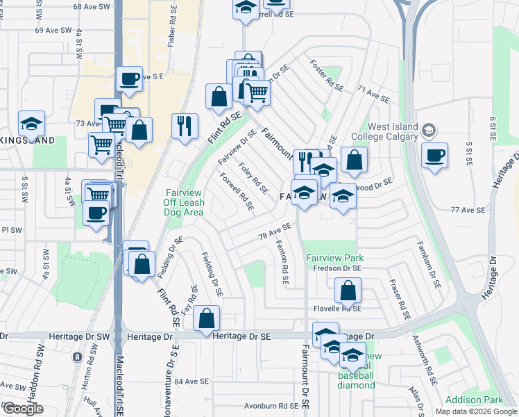 map of restaurants, bars, coffee shops, grocery stores, and more near 51 Foley Road Southeast in Calgary