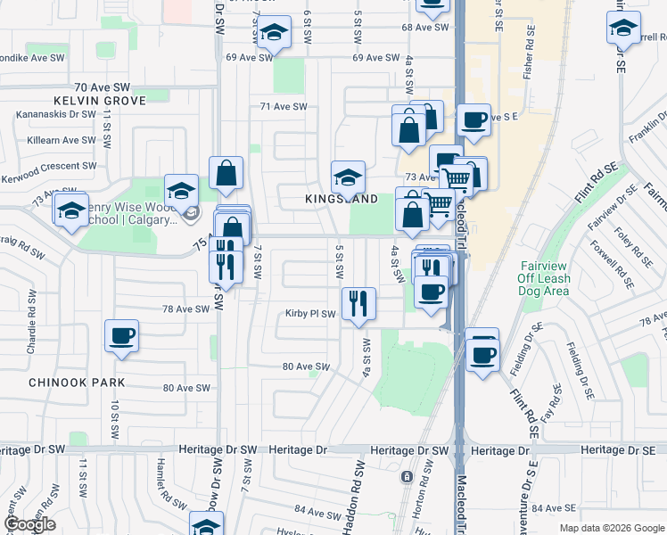 map of restaurants, bars, coffee shops, grocery stores, and more near 11 Kingsland Place Southwest in Calgary