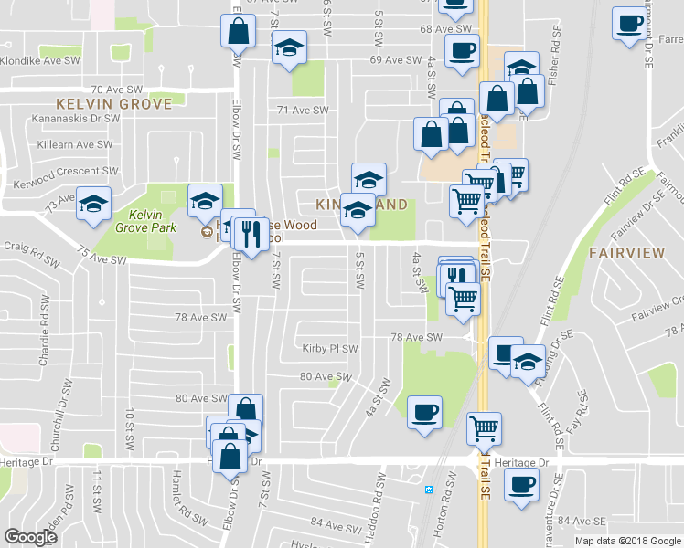 map of restaurants, bars, coffee shops, grocery stores, and more near 11 Kingsland Place Southwest in Calgary