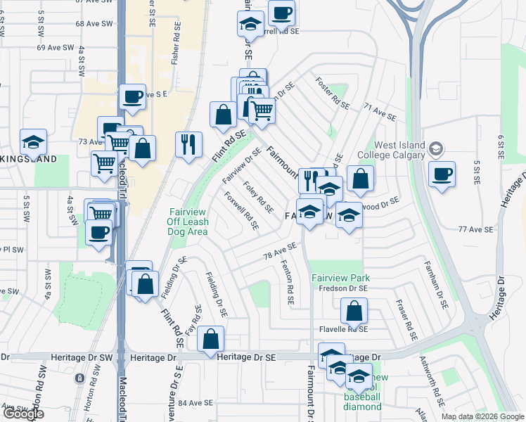 map of restaurants, bars, coffee shops, grocery stores, and more near 51 Foley Road Southeast in Calgary