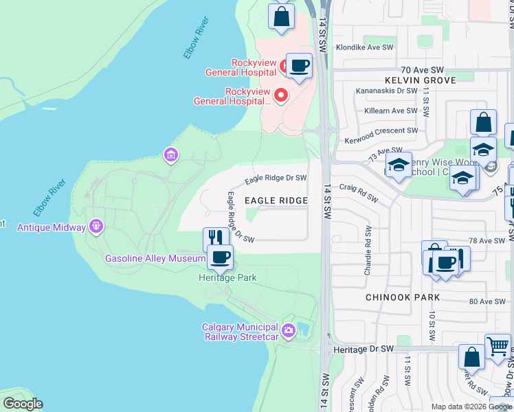 map of restaurants, bars, coffee shops, grocery stores, and more near 39 Eagle Ridge Place Southwest in Calgary