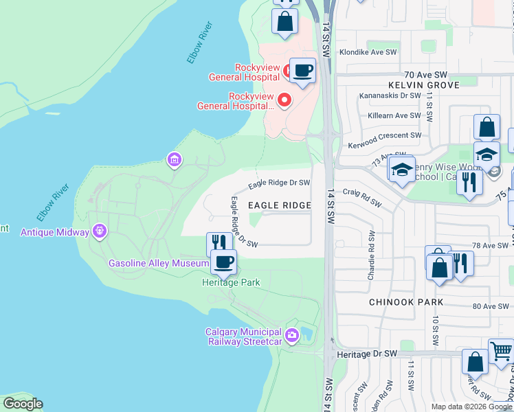map of restaurants, bars, coffee shops, grocery stores, and more near 39 Eagle Ridge Place Southwest in Calgary