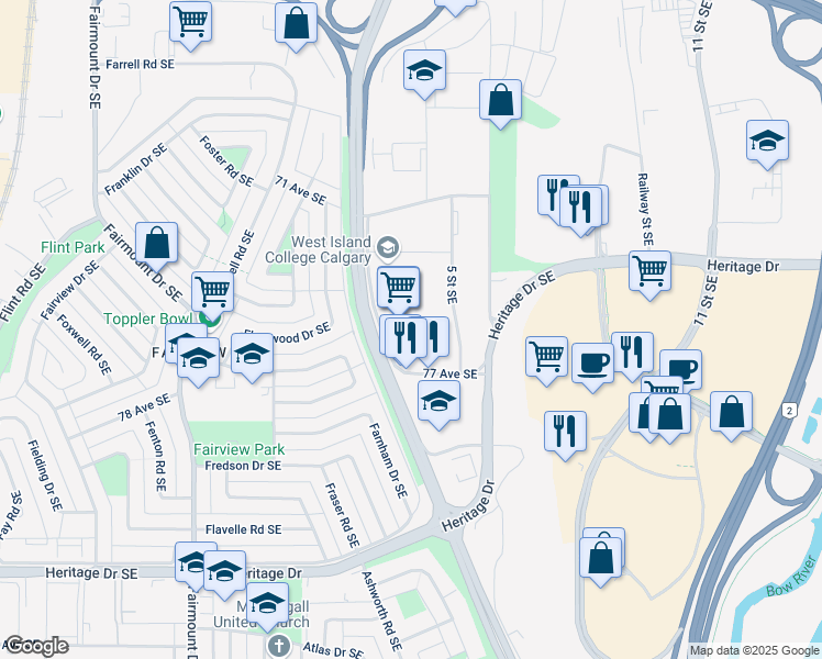 map of restaurants, bars, coffee shops, grocery stores, and more near 510 77 Avenue Southeast in Calgary