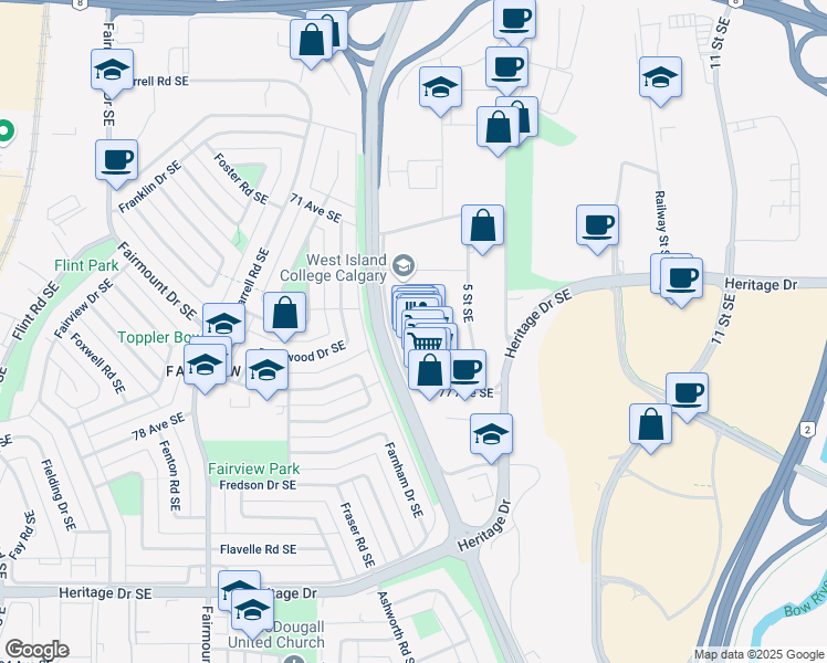map of restaurants, bars, coffee shops, grocery stores, and more near 510 77 Avenue Southeast in Calgary