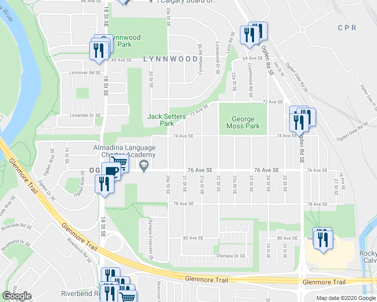 map of restaurants, bars, coffee shops, grocery stores, and more near 7424 21 Street Southeast in Calgary