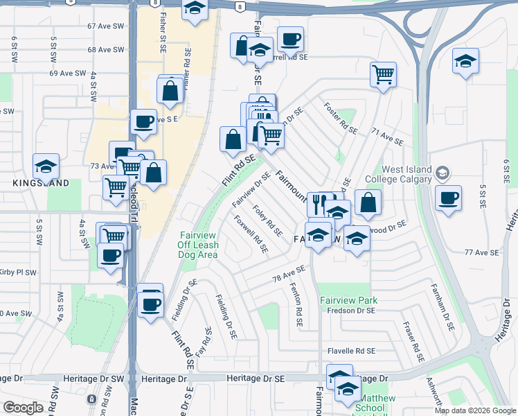 map of restaurants, bars, coffee shops, grocery stores, and more near 23 Fairview Crescent in Calgary
