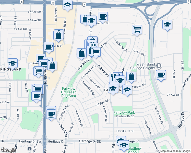 map of restaurants, bars, coffee shops, grocery stores, and more near 23 Fairview Crescent in Calgary