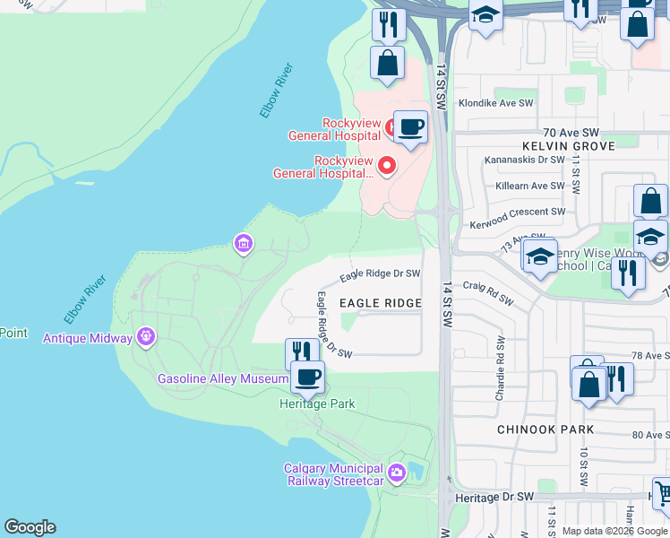 map of restaurants, bars, coffee shops, grocery stores, and more near 222 Eagle Ridge Drive Southwest in Calgary