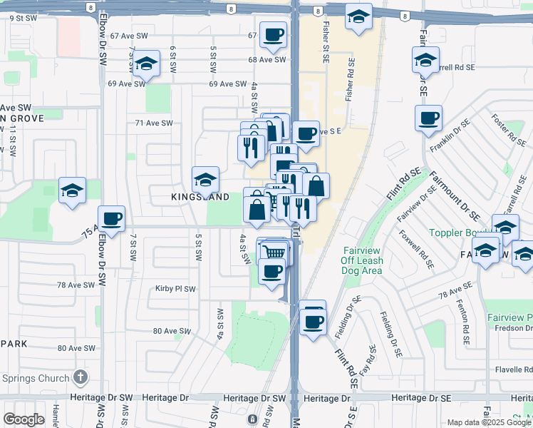 map of restaurants, bars, coffee shops, grocery stores, and more near 28 Kingsland Court Southwest in Calgary