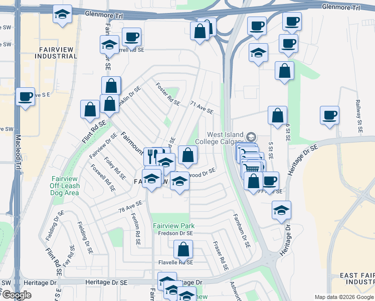 map of restaurants, bars, coffee shops, grocery stores, and more near 7427 Fountain Road Southeast in Calgary