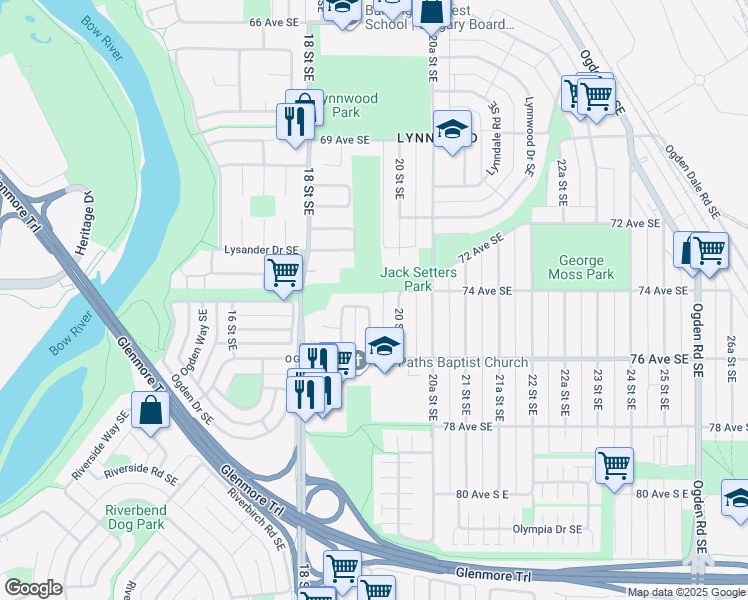 map of restaurants, bars, coffee shops, grocery stores, and more near 64 Ogmoor Crescent Southeast in Calgary