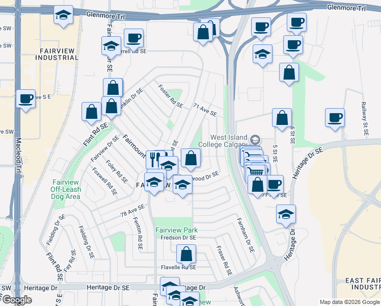 map of restaurants, bars, coffee shops, grocery stores, and more near 7427 Fountain Road Southeast in Calgary