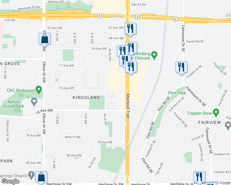 map of restaurants, bars, coffee shops, grocery stores, and more near 73 Kingsland Villas Southwest in Calgary